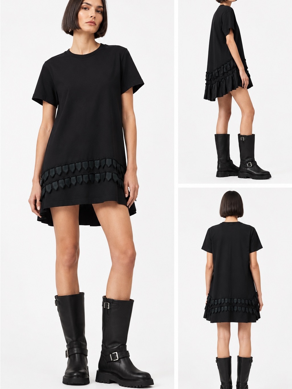COS Black Short-Sleeve High-Low Ruffle Hem Dress